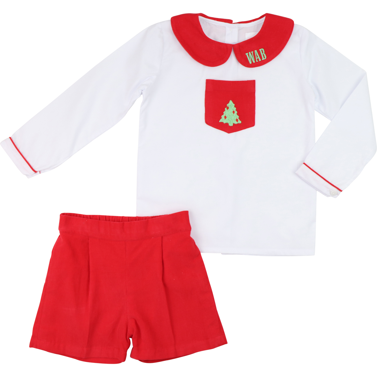 Red And White Corduroy Embroidered Christmas Tree Short Set