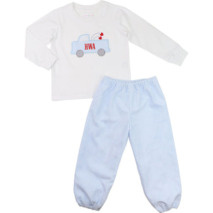 Blue Gingham Corduroy Applique Valentine Truck Pant Set