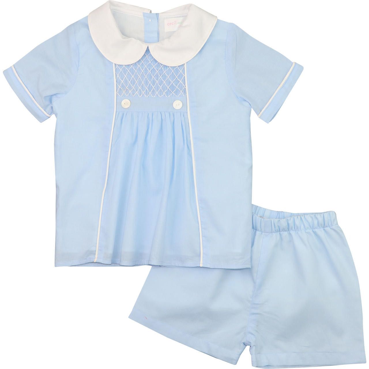 Blue And White Smocked Button Short Set