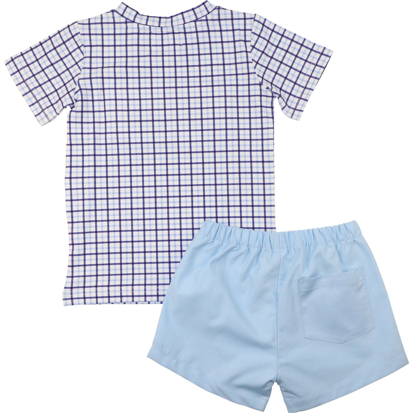 Blue And Navy Windowpane Smocked Whales Short Set