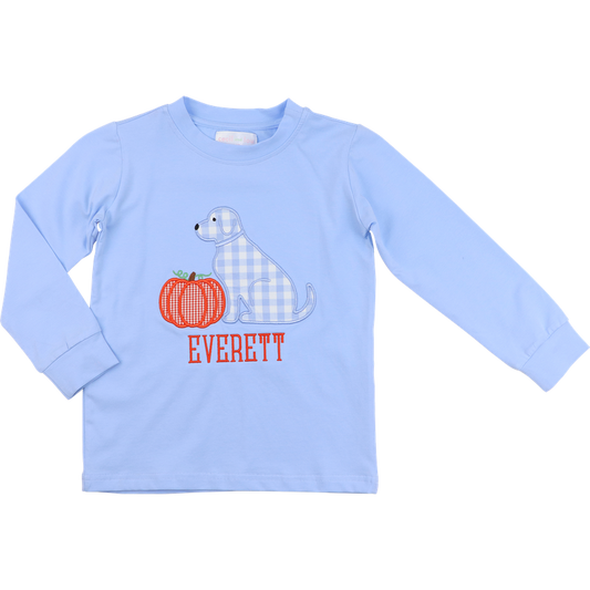 Blue Knit Applique Dog And Pumpkin Shirt