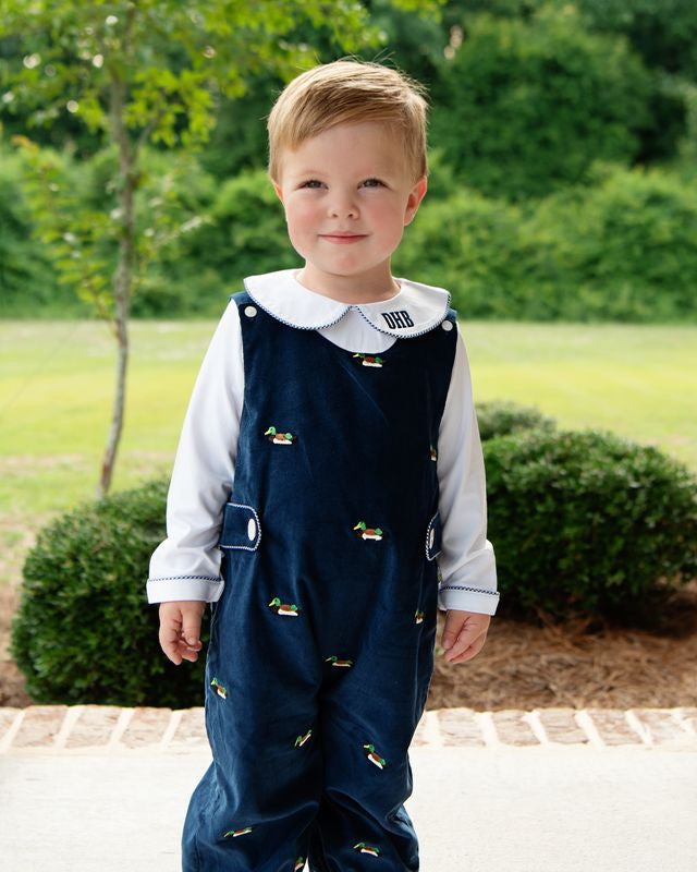 Navy Corduroy Embroidered Mallard Long Romper Set