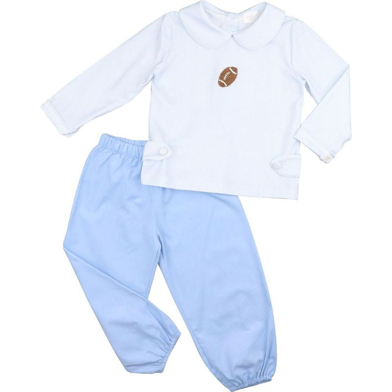 Blue Knit Gingham Crochet Football Ankle Pant Set