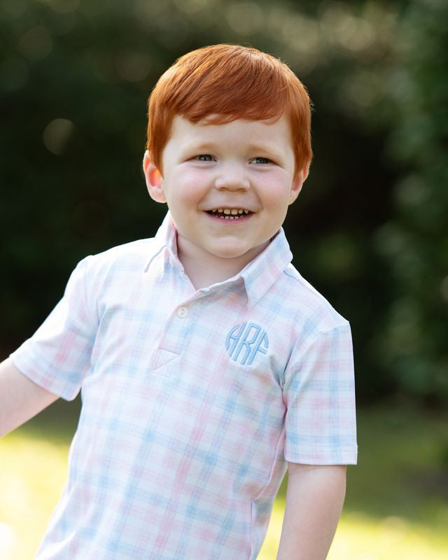 Pink And Blue Knit Plaid Polo