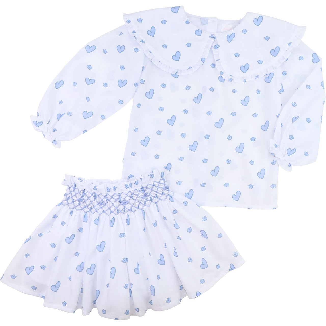 Blue Heart Print Smocked Skirt Set