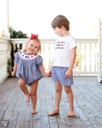 Girl's Navy Gingham Smocked Flag And Star Bubble