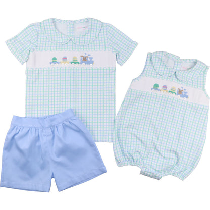 Blue And Mint Windowpane Smocked Easter Train Short Set