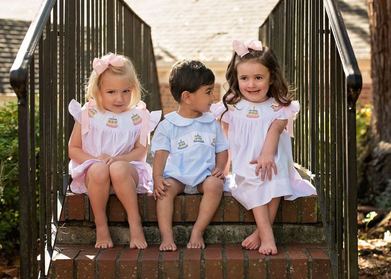 Pink Stripe Smocked Birthday Cake Bow Bubble