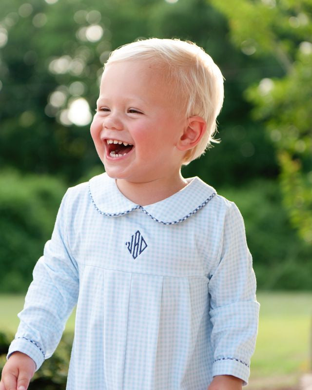 Blue And Navy Gingham Knit Long Romper