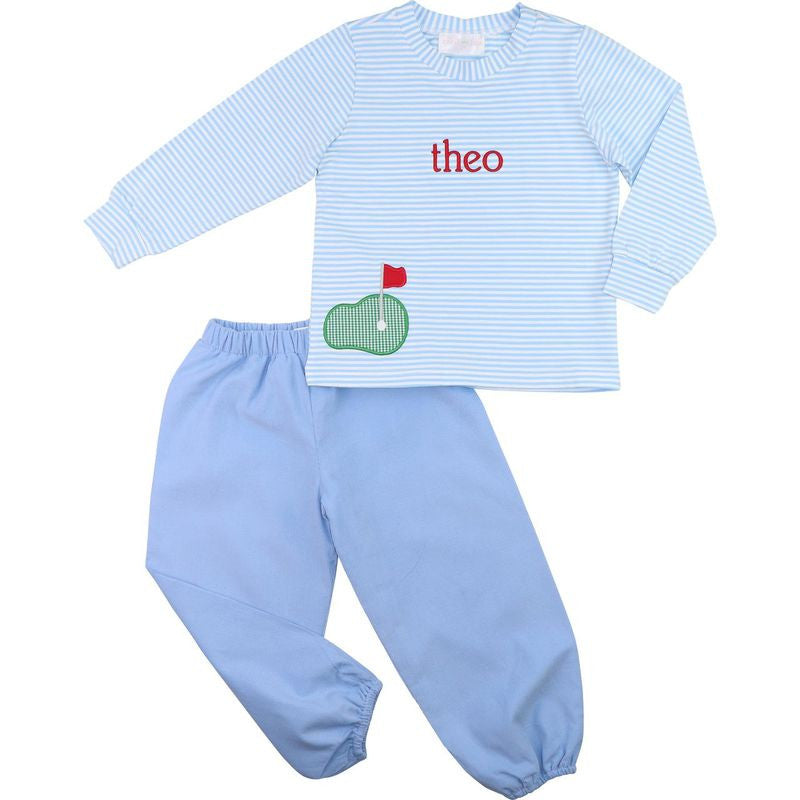 Blue Stripe Knit Applique Golf Ankle Pant Set