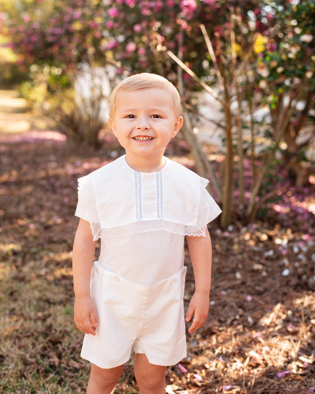 White And Blue Heirloom Button On  Smocked Threads