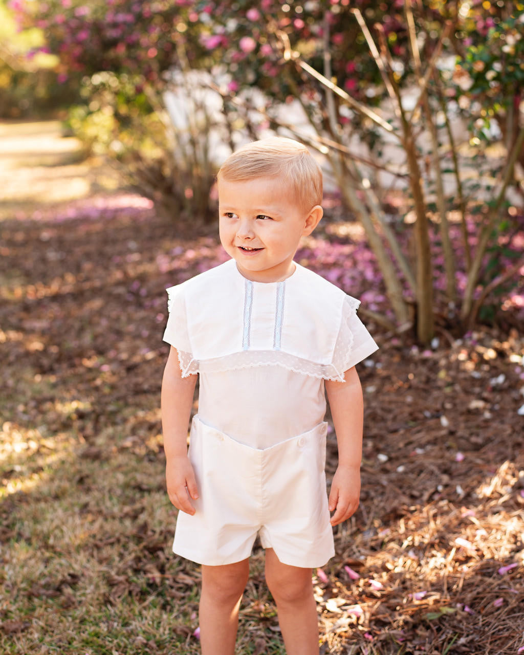 White And Blue Heirloom Button On  Smocked Threads