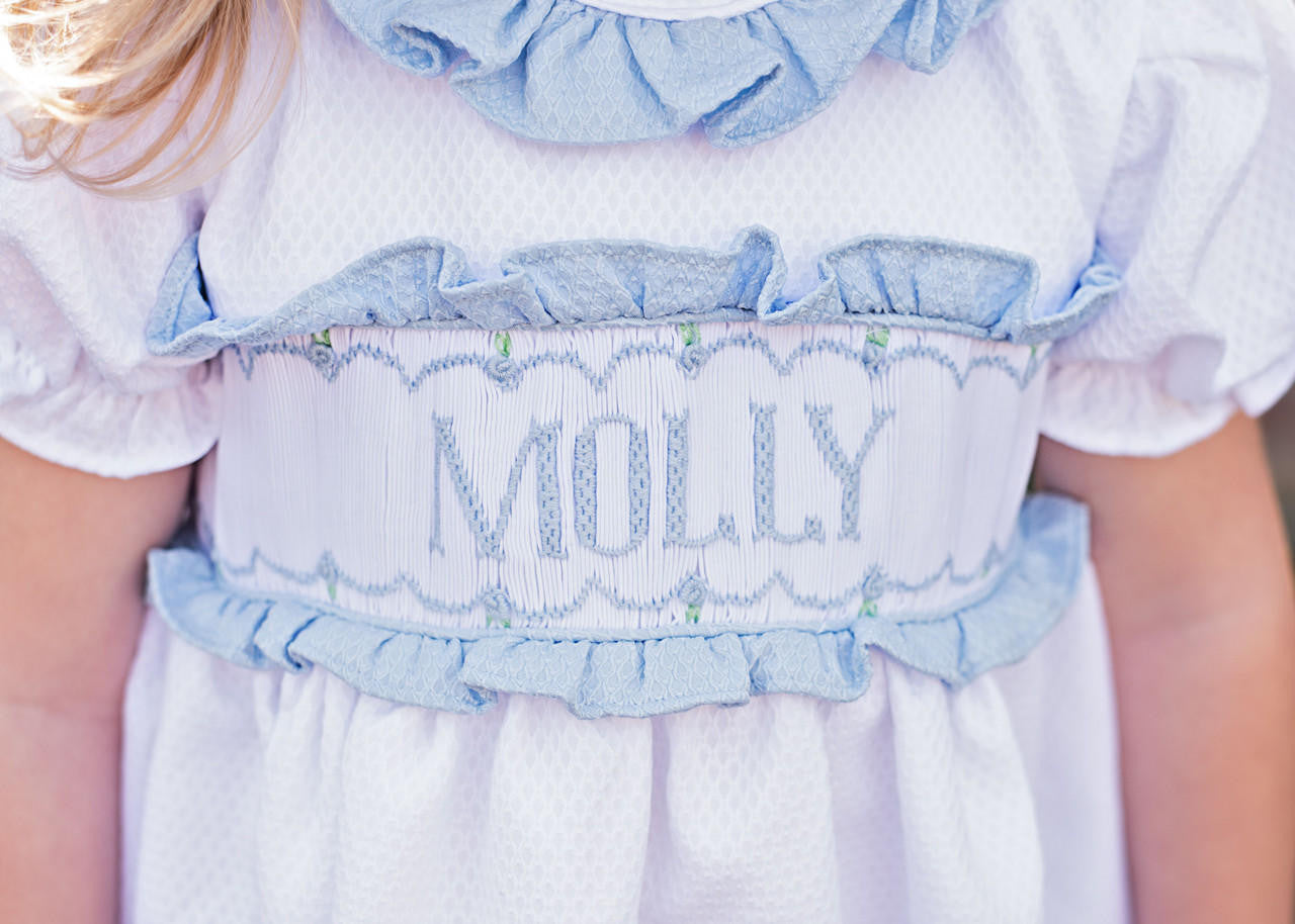 White And Blue Honeycomb Custom Smocked Bubble  Monogram