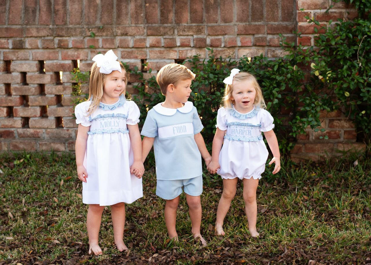 White And Blue Honeycomb Custom Smocked Bubble  Monogram