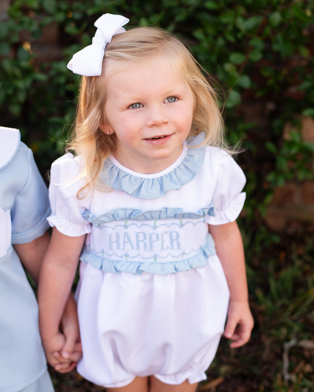 White And Blue Honeycomb Custom Smocked Bubble  Monogram