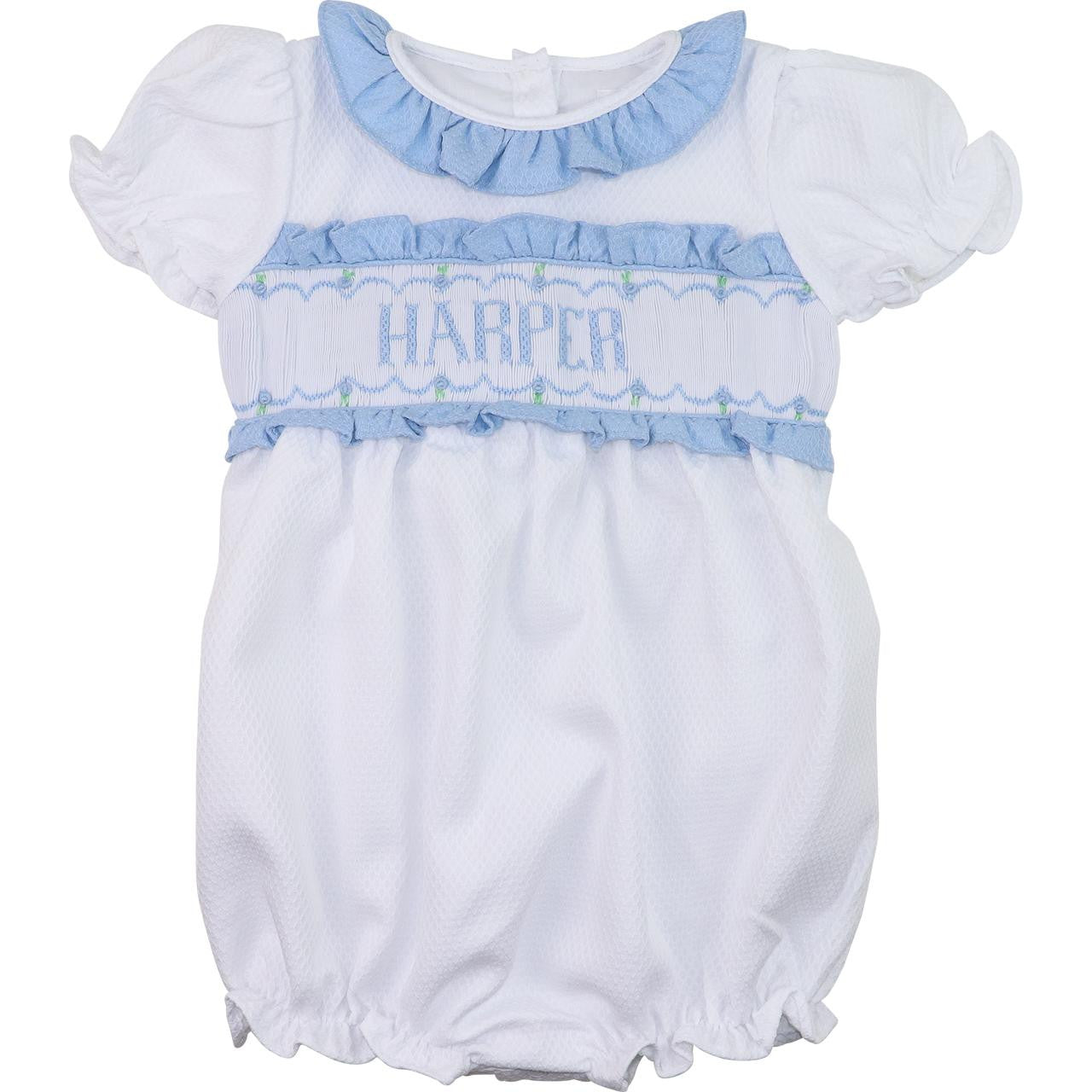 White And Blue Honeycomb Custom Smocked Bubble  Monogram