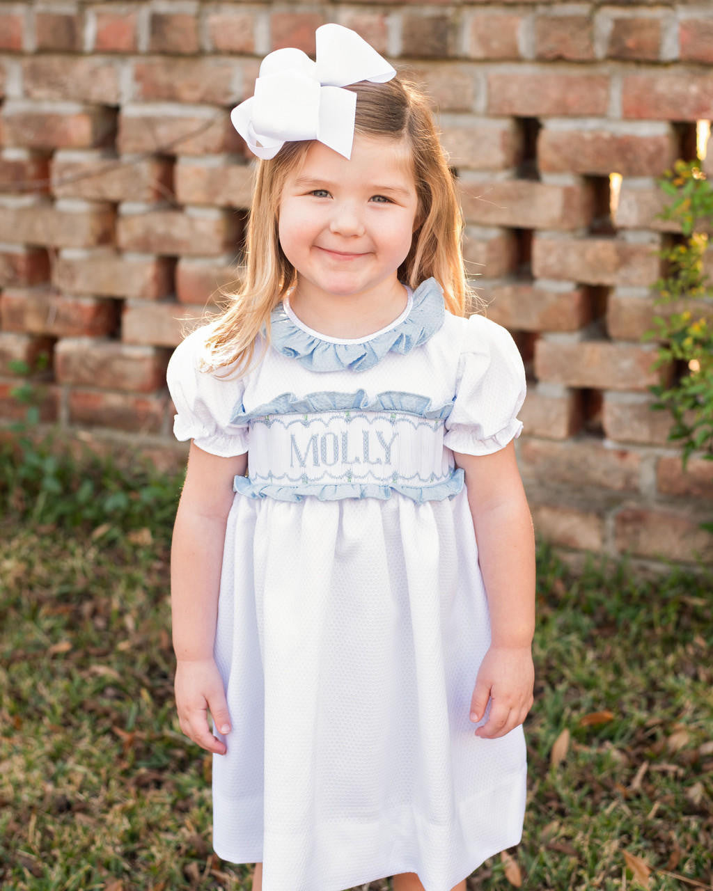 White And Blue Honeycomb Custom Smocked Dress  Monogram