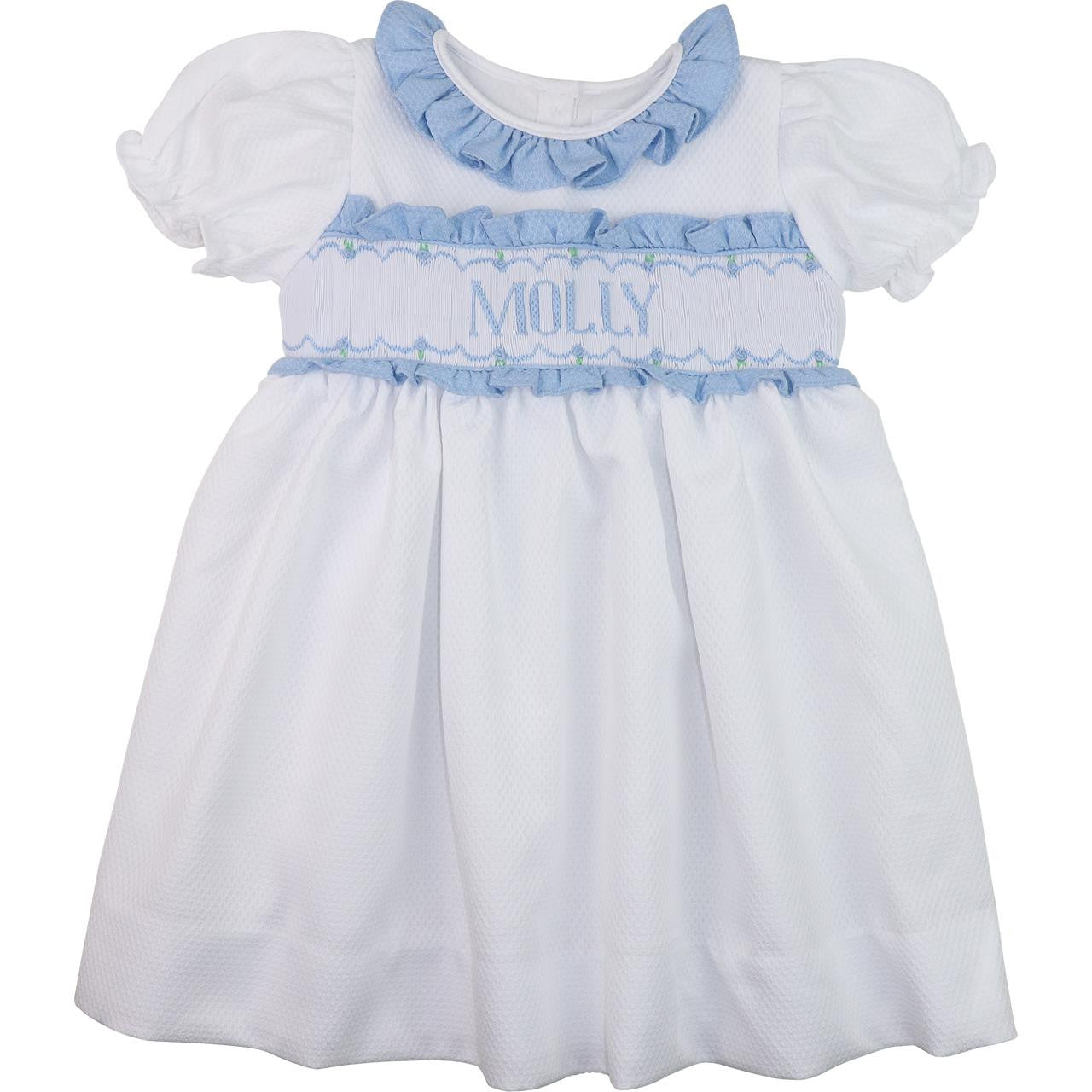 White And Blue Honeycomb Custom Smocked Dress  Monogram