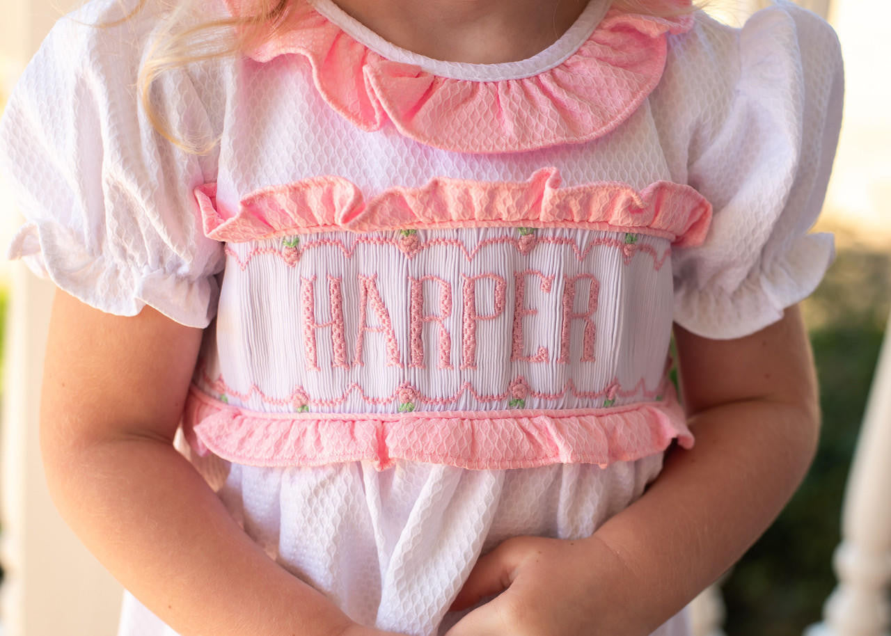 White And Pink Honeycomb Custom Smocked Bubble  Monogram