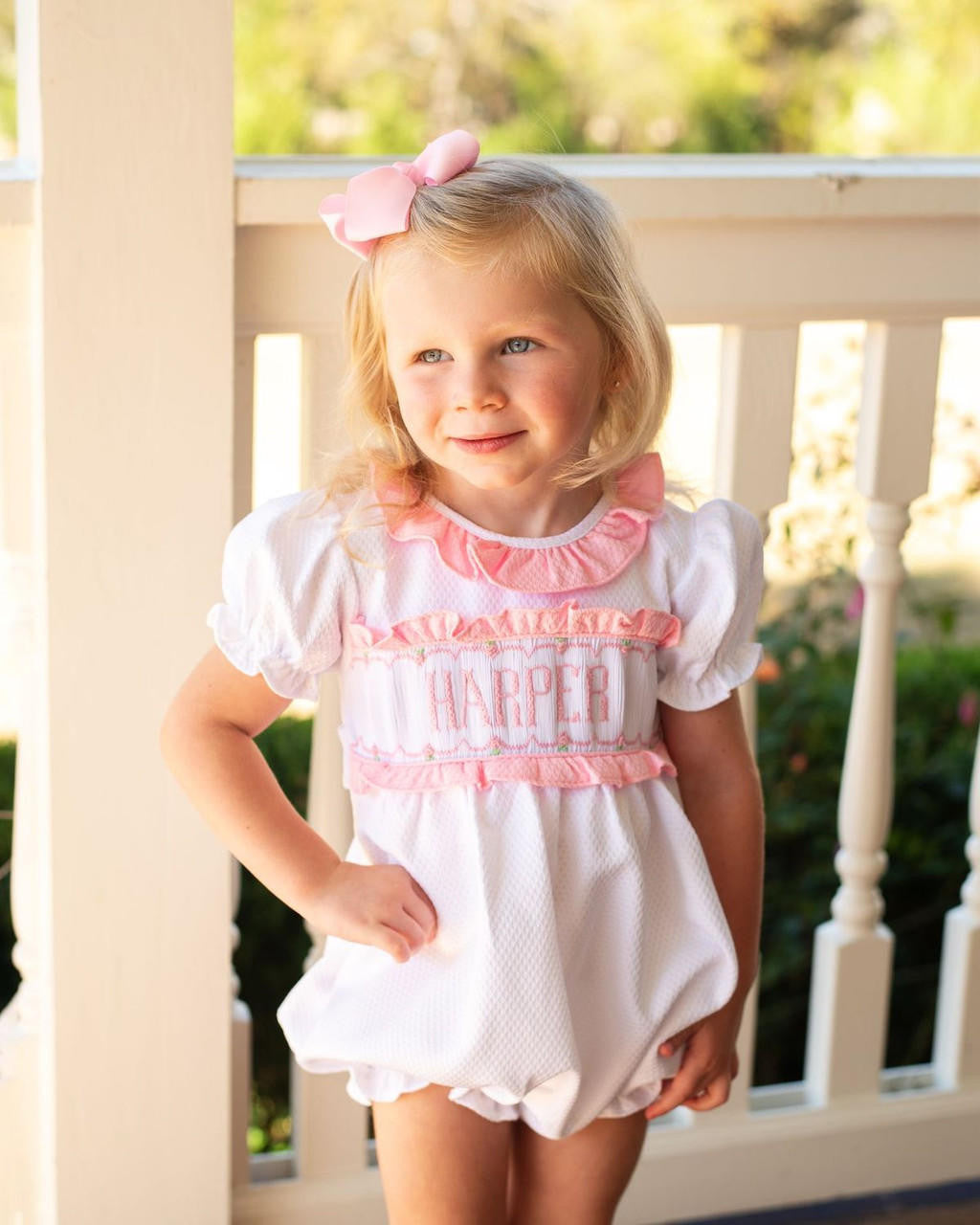 White And Pink Honeycomb Custom Smocked Bubble  Monogram