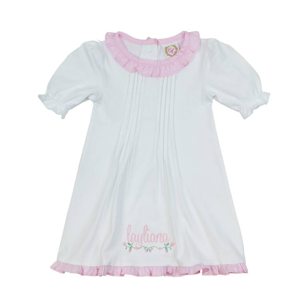 White and Pink Pleated Layette Gown Monogram