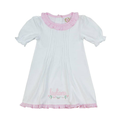 White and Pink Pleated Layette Gown Monogram