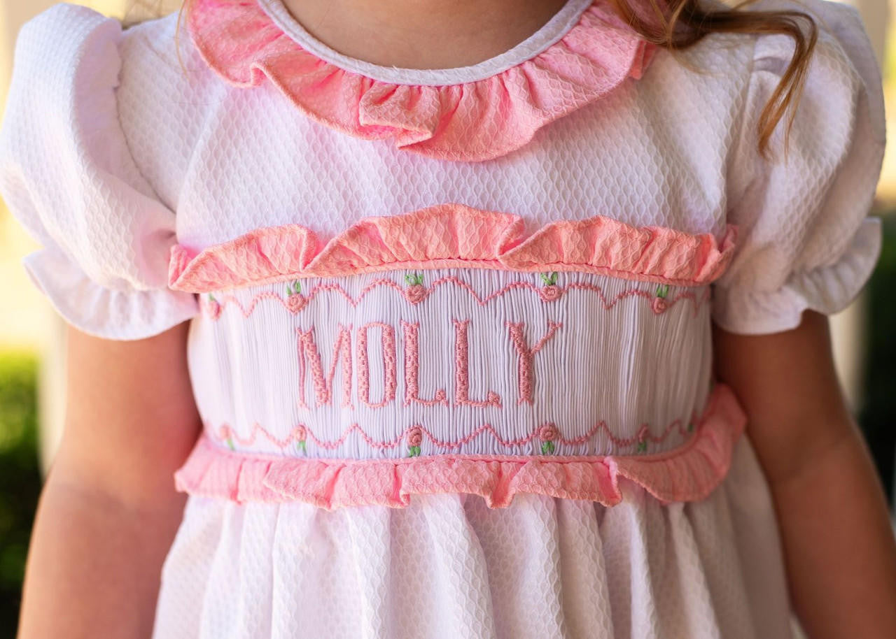 White Honeycomb Custom Smocked Dress  Monogram