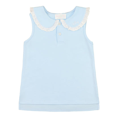 Blue Eyelet Sleeveless Knit Peter Pan Shirt