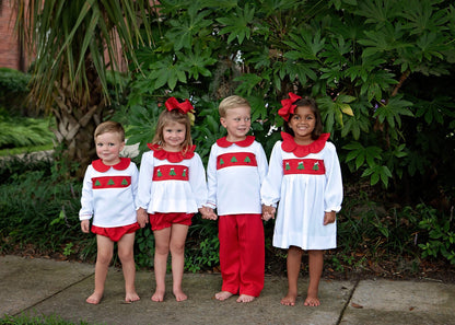 Red And White Honeycomb Embroidered Christmas Tree Diaper Set