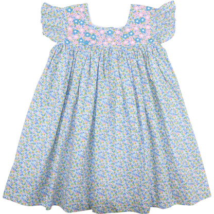 Pink And Blue Floral Embroidered Fiesta Dress