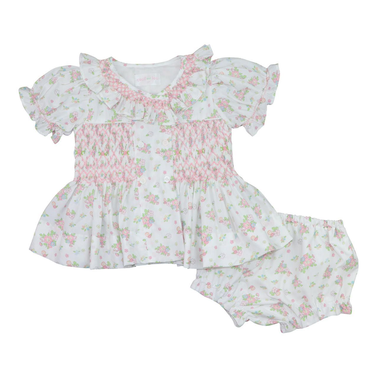 Pink Smocked Floral Bouquet Diaper Set