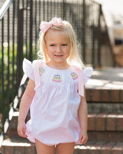 Pink Stripe Smocked Birthday Cake Bow Bubble