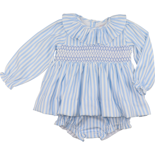 Blue Smocked Striped Corduroy Diaper Set