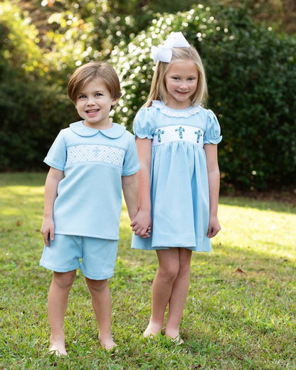 Blue Honeycomb Smocked Cross Short Set