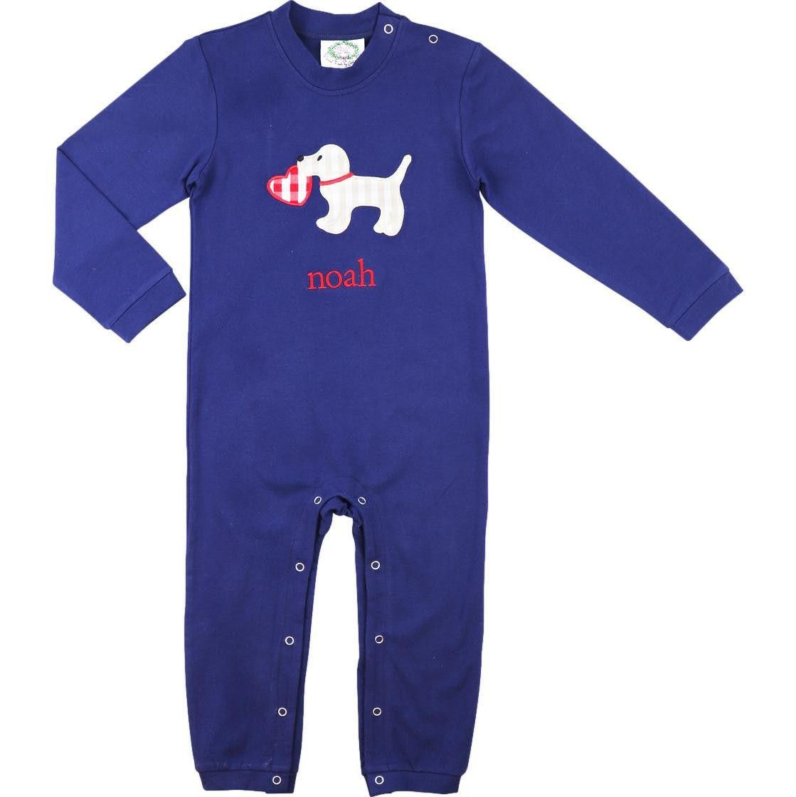 Navy Knit Applique Valentine Puppy Long Romper