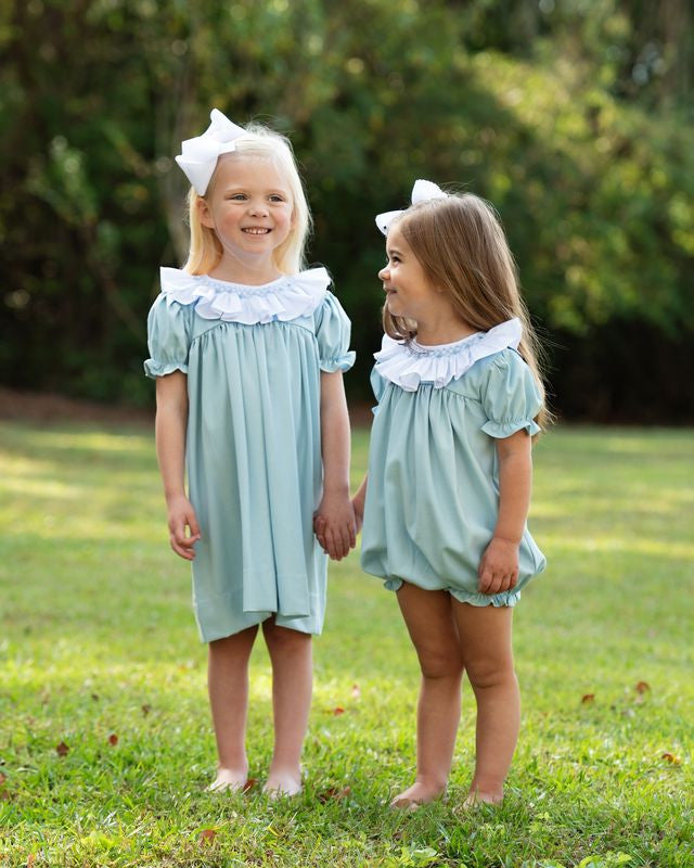 Blue Smocked Ruffle Collar Bubble