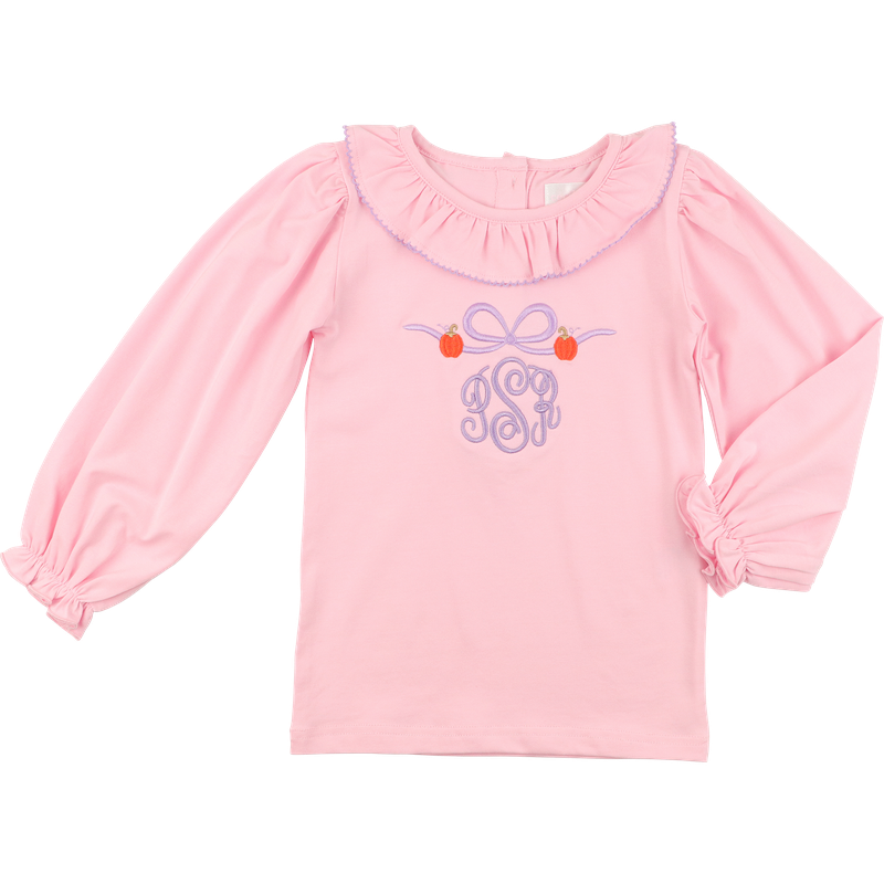 Pink And Lavender Embroidered Bow And Pumpkins Shirt