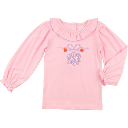 Pink And Lavender Embroidered Bow And Pumpkins Shirt