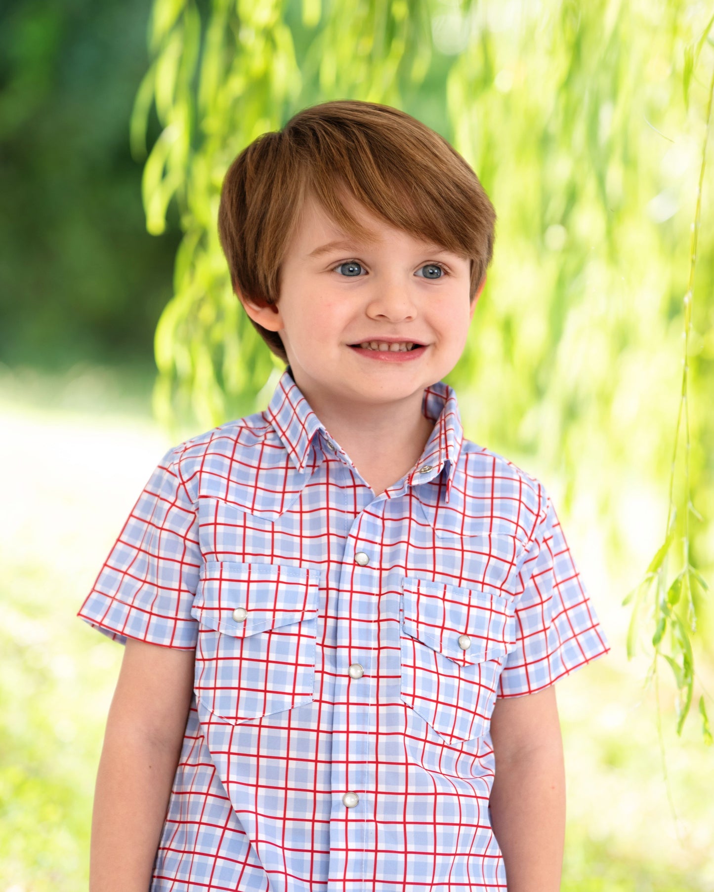 Red And Blue Plaid Pearl Snap Button Down Shirt