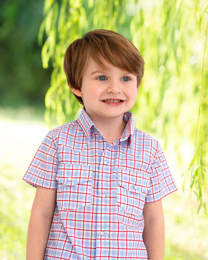 Red And Blue Plaid Pearl Snap Button Down Shirt