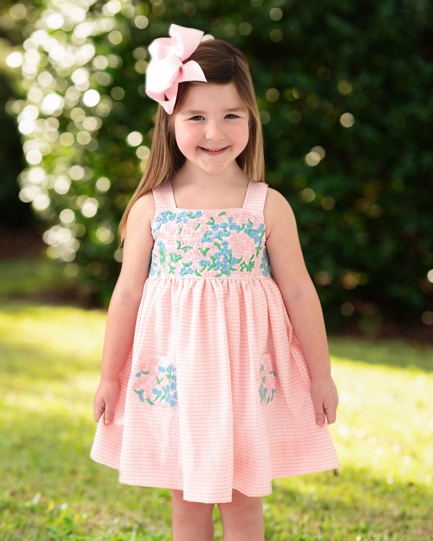 Pink Gingham Seersucker Embroidered Fiesta Dress