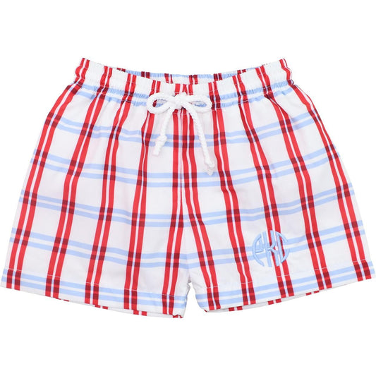 Red And Blue Windowpane Swim Trunks