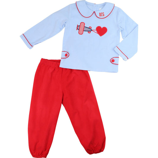 Red And Blue Corduroy Applique Valentine Airplane Pant Set