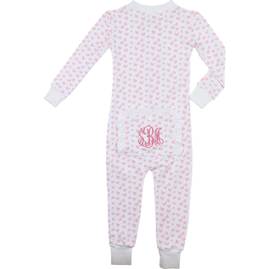 Pink Knit Heart Print Zipper Pajamas