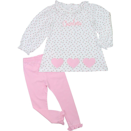 Pink Rosebud Applique Heart Knit Legging Set