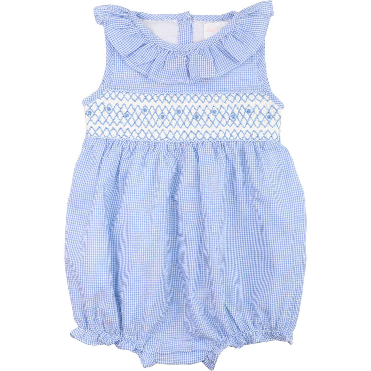 Blue Gingham Seersucker Smocked Rosette Bubble