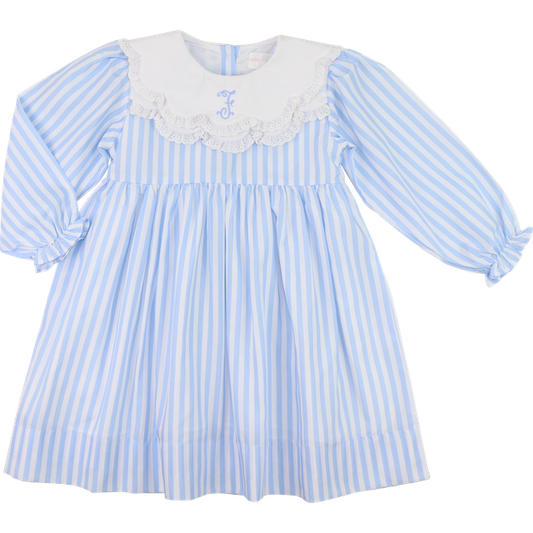 Blue Stripe Scalloped Collar Eyelet Dress