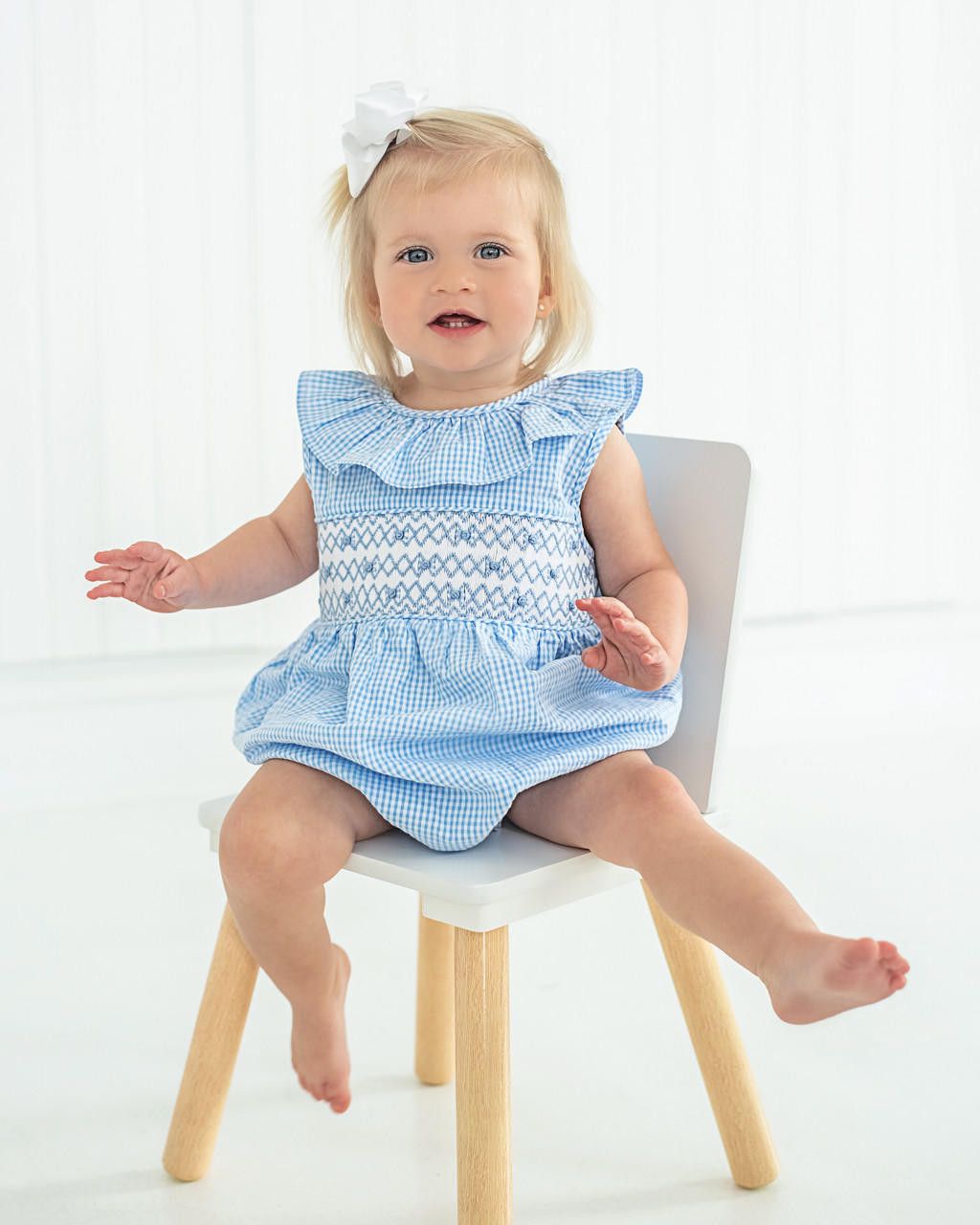 Blue Gingham Seersucker Smocked Rosette Bubble