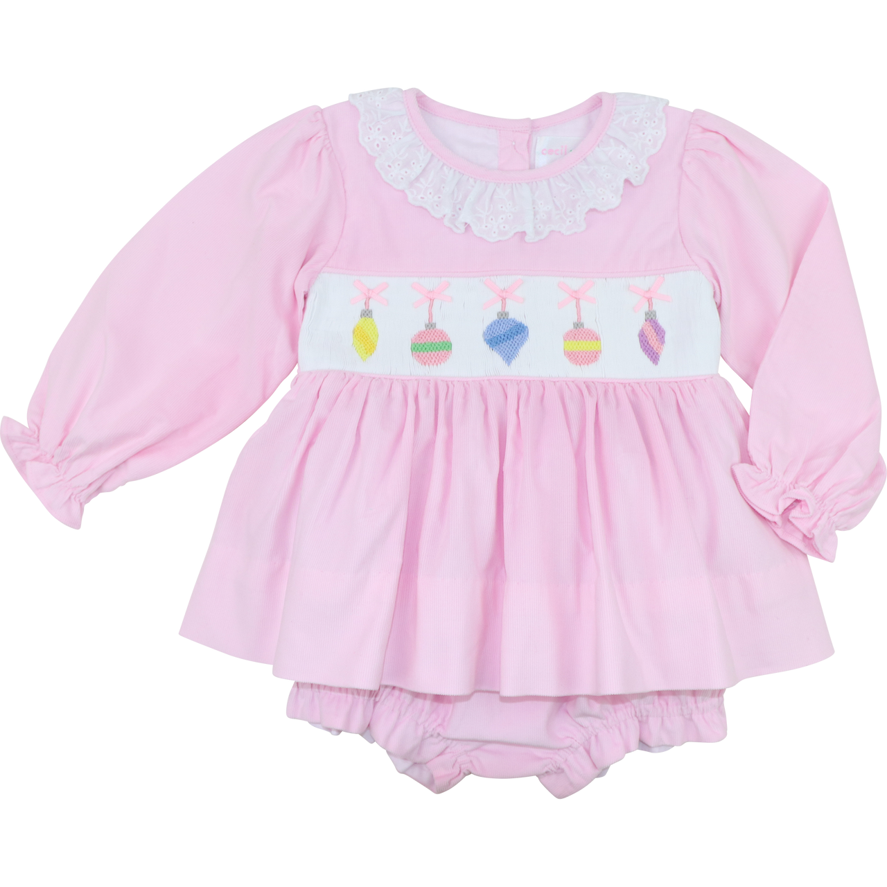 Pink Corduroy Smocked Christmas Ornaments Diaper Set