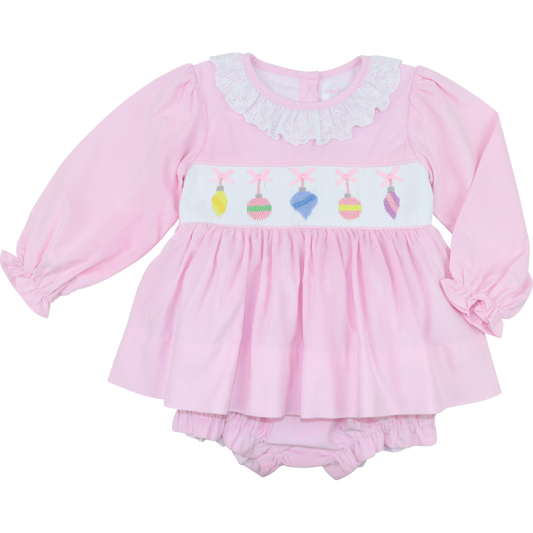 Pink Corduroy Smocked Christmas Ornaments Diaper Set